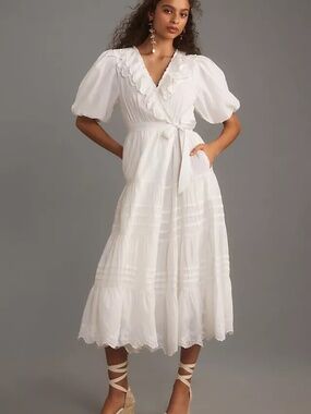 ANTHROPOLOGIE LOVE THE LABEL EMBROIDERED RUFFLED TIERED MAXI WRAP DRESS Small